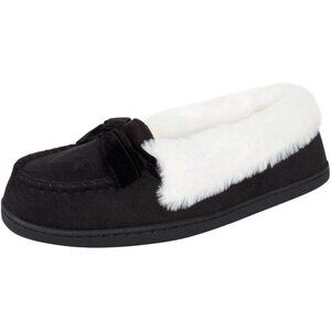 Women's Black Bow Faux Fur Collar Pull On Plush Lining Slipper Boot Shoes